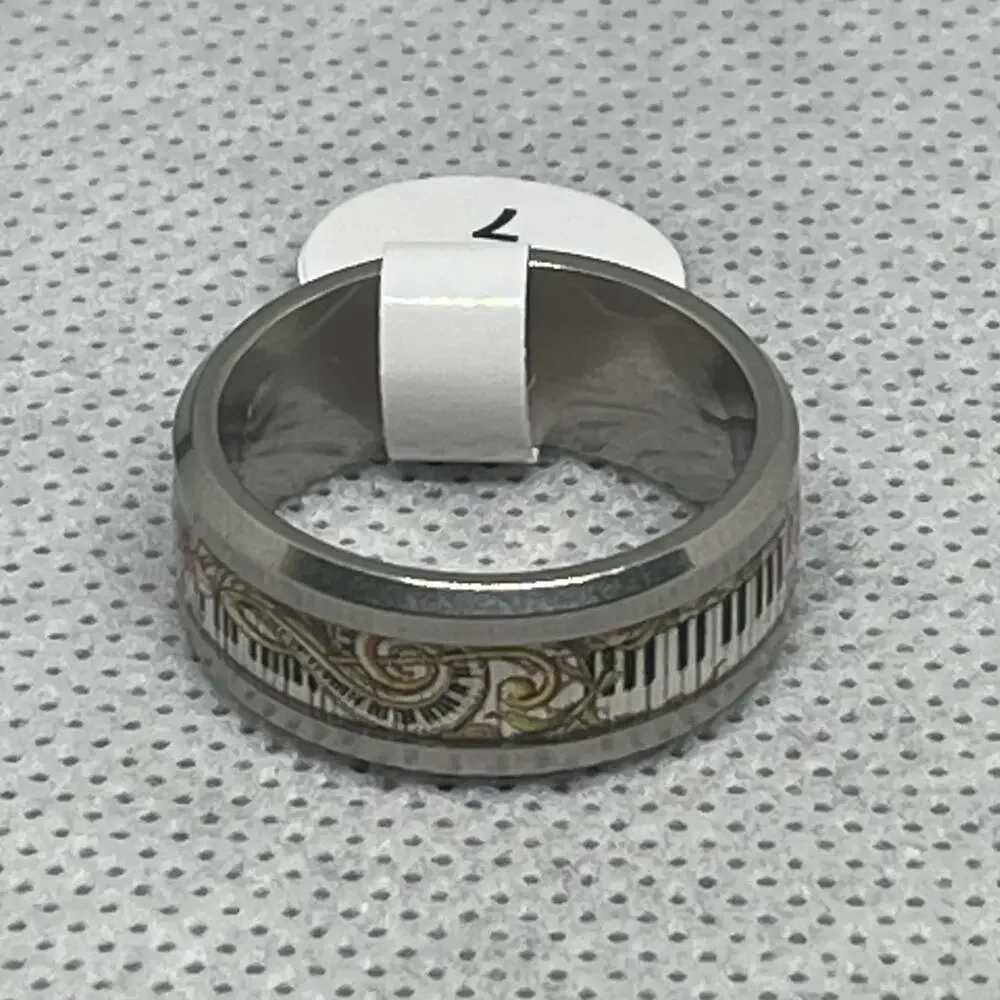 Music Lover Floral Keyboard Piano Treble Clef Stainless Steel Band Ring Size 7.5